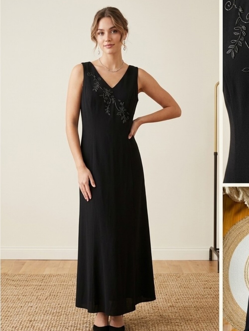 Vintage Y2k Amanda Smith Beaded Black Sleeveless V-Neck Maxi Dress Whimsigoth 10